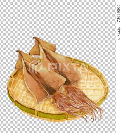 水彩:ザルにのせたスルメイカ2枚 干物 乾物 イカ 素材 白バック コピースペースあり 透過 水彩:ザルにのせたスルメイカ2枚 干物 乾物 イカ 素材 白バック コピースペースあり 透過 73659806