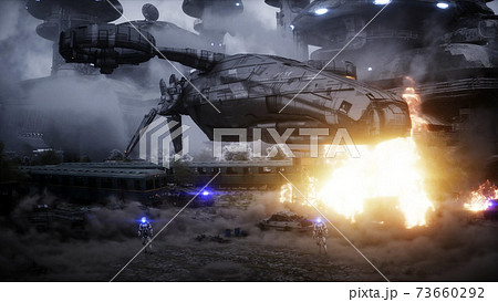 Futuristic sci fi ship take wing. Military robot. Apocalypse city. 3d rendering. 73660292