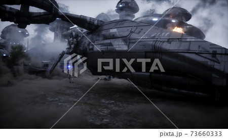Futuristic sci fi ship take wing. Military robot. Apocalypse city. 3d rendering. Futuristic sci fi ship take wing. Military robot. Apocalypse city. 3d rendering. 73660333