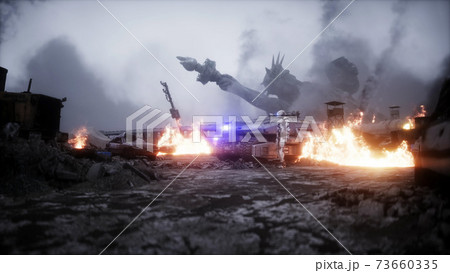 American apocalypsis. Military car in a burning ruined city. Armageddon view. 3d rendering. 73660335