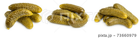 Marinated pickled cucumber isolated on white background with full depth of field. Set or collection Marinated pickled cucumber isolated on white background with full depth of field. Set or collection 73660979
