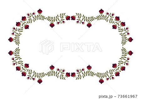 Curly frame of garland with flowers and fruits of red pomegranate on curved branches with green leaves on white background Curly frame of garland with flowers and fruits of red pomegranate on curved branches with green leaves on white background 73661967