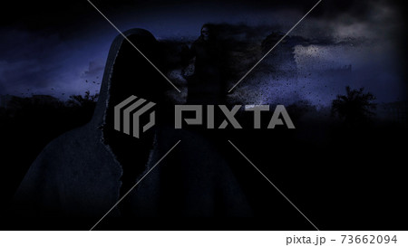 Apocalypse city in fog. Aerial View of the destroyed city. Apocalypse concept. 3d rendering. 73662094