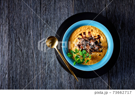Pumpkin soup with wild mushrooms, copy space Pumpkin soup with wild mushrooms, copy space 73662717