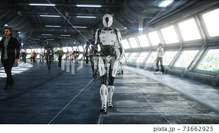Robot in Sci fi tonnel. Concept of future.. 3d rendering. Robot in Sci fi tonnel. Concept of future.. 3d rendering. 73662925