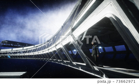 People in futuristic space corridor, room. view of the earth. 3d rendering. People in futuristic space corridor, room. view of the earth. 3d rendering. 73662971