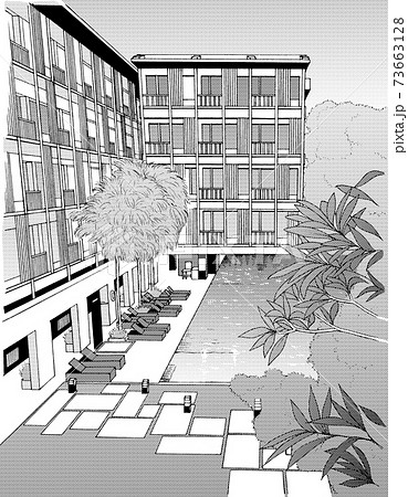 漫画風ペン画イラスト 店舗 ホテルのイラスト素材