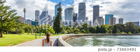 Sydney city Australia travel panorama banner. Landscape horizontal header of australian skyscrapers with person walking in park with skyline in the background. People urban lifestyle. 73663491