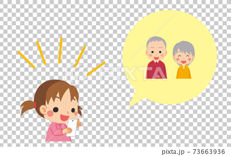 おじいちゃんとおばあちゃんにビデオ電話をかける小さな可愛い女の子のイラストのイラスト素材