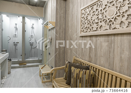 Modern shower room interior with bench Modern shower room interior with bench 73664416