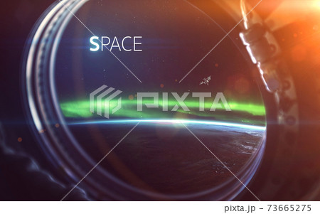 Earth planet in space ship window porthole. Elements of this image furnished by NASA 73665275