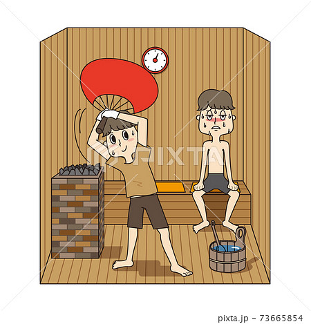 サウナで我慢している若い男性のイラスト素材