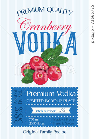 Family recipe Cranberry Vodka alcohol label template. Modern vector packaging design layout. Retro banner with typography and hand drawn fruit. Isolated. 73666725