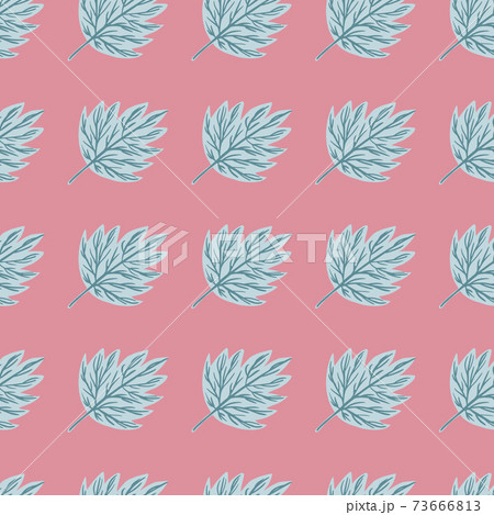 Seamless pattern with botanic decorative blue contoured leaf ornament. Pink pastel background. 73666813