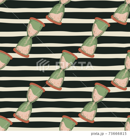Beige and green colored hourglass elements seamless pattern. WHite and black striped background. 73666815