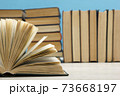 Composition with vintage old hardback books, diary, fanned pages on wooden deck table and red background. Books stacking. Back to school. Copy Space. Education background. 73668197