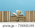 Composition with vintage old hardback books, diary, fanned pages on wooden deck table and red background. Books stacking. Back to school. Copy Space. Education background. 73668199