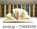 Composition with vintage old hardback books, diary, fanned pages on wooden deck table and red background. Books stacking. Back to school. Copy Space. Education background. 73668200