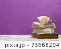 Composition with vintage old hardback books, diary, fanned pages on wooden deck table and red background. Books stacking. Back to school. Copy Space. Education background. 73668204