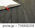 Composition with vintage old hardback books, diary, fanned pages on wooden deck table and red background. Books stacking. Back to school. Copy Space. Education background. 73668208