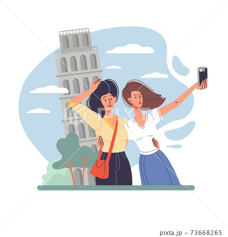 Flat cartoon characters take pictures on travel vacation, vector illustration concept Flat cartoon characters take pictures on travel vacation, vector illustration concept 73668265