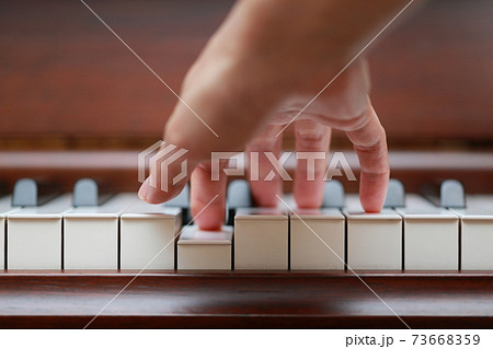 ウォルナットのアップライトピアノを弾く女性の指 73668359