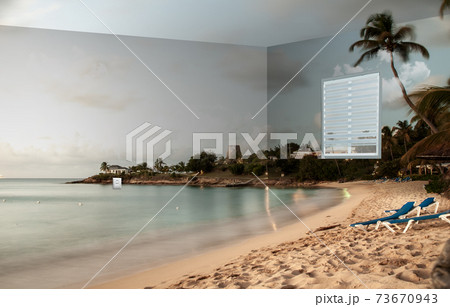 Seaside as your living room. Home interior during lockdown. Art collage. Seaside as your living room. Home interior during lockdown. Art collage. 73670943