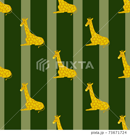 Exotic zoo seamless pattern with hand drawn yellow doodle giraffe ornament. Green striped background. Exotic zoo seamless pattern with hand drawn yellow doodle giraffe ornament. Green striped background. 73671724