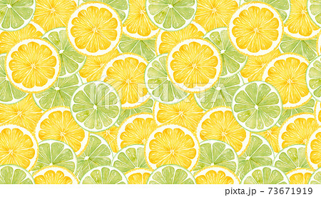 シトラスのスライスを敷き詰めたシームレスパターン レモンとライムの水彩イラスト のイラスト素材