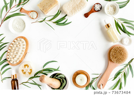 Spa concept with eucalyptus oil and eucalyptus leaf extract natural organic spa cosmetics products eco friendly bathroom accessories.Skincare concept  73673484