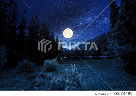 mountain lake landscape in summer at night. beautiful scenery of synevyr national park. body of water among the forest in full moon light. great view and amazing attarction of carpathian nature mountain lake landscape in summer at night. beautiful scenery of synevyr national park. body of water among the forest in full moon light. great view and amazing attarction of carpathian nature 73674490