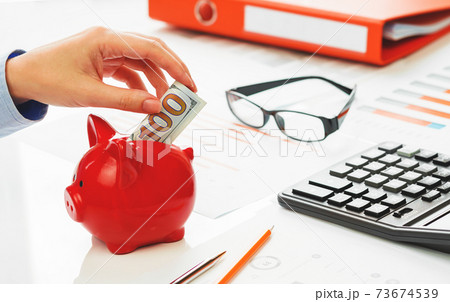 Hand putting hundred dollars note into piggy coins bank Hand putting hundred dollars note into piggy coins bank 73674539