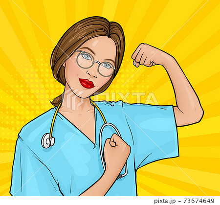 Pop art doctor woman demonstrating her strength by fist Pop art doctor woman demonstrating her strength by fist 73674649