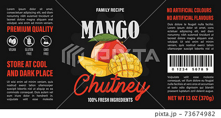 Family recipe Mango Chutney label template. Abstract modern vector sauce packaging design layout. Blackboard banner with typography and hand drawn vegetable. Isolated. 73674982