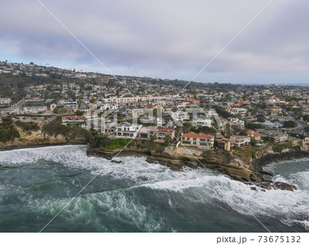 Aerial view of the cove with big villa in La Jolla Hermosa, California, USA Aerial view of the cove with big villa in La Jolla Hermosa, California, USA 73675132