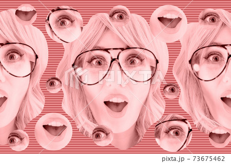 Funky woman in sunglasses. Crazy lady and surreal composition of textures, shapes, gradients. Contemporary art collage. Zine culture. Pop art. Fashion magazine style for posters, banners, wallpaper. Funky woman in sunglasses. Crazy lady and surreal composition of textures, shapes, gradients. Contemporary art collage. Zine culture. Pop art. Fashion magazine style for posters, banners, wallpaper. 73675462