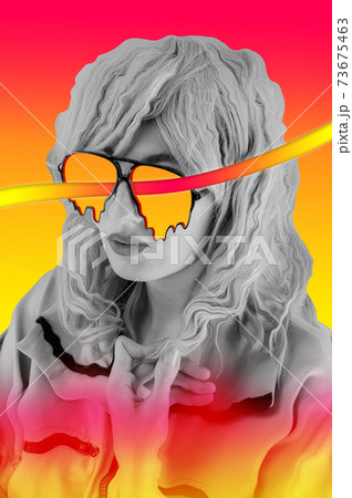 Funky woman in sunglasses. Crazy lady and surreal composition of textures, shapes, gradients. Contemporary art collage. Zine culture. Pop art. Fashion magazine style for posters, banners, wallpaper. Funky woman in sunglasses. Crazy lady and surreal composition of textures, shapes, gradients. Contemporary art collage. Zine culture. Pop art. Fashion magazine style for posters, banners, wallpaper. 73675463