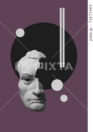 Collage with plaster antique sculpture of human face in a pop art style. Modern creative concept image with ancient statue head. Zine culture. Contemporary art poster. Funky minimalism. Retro design. 73675464