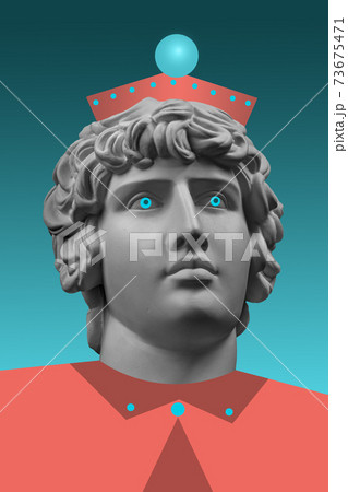 Collage with plaster antique sculpture of human face in a pop art style. Modern creative concept image with ancient statue head. Zine culture. Contemporary art poster. Funky minimalism. Retro design. 73675471