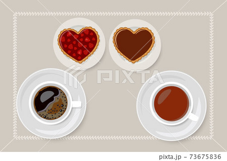 Valentines Day. Chocolate and strawberry jam biscuits with cups of tea and coffee. Cartoon flat style Valentines Day. Chocolate and strawberry jam biscuits with cups of tea and coffee. Cartoon flat style 73675836