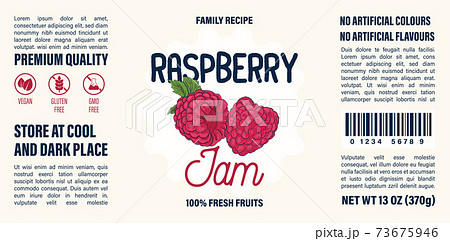 Family recipe Raspberry jam label template. Abstract modern vector packaging design layout. Colorful banner with typography and hand drawn fruit. Isolated. Family recipe Raspberry jam label template. Abstract modern vector packaging design layout. Colorful banner with typography and hand drawn fruit. Isolated. 73675946
