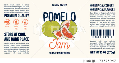 Family recipe Pomelo jam label template. Abstract modern vector packaging design layout. Colorful banner with typography and hand drawn fruit. Isolated. Family recipe Pomelo jam label template. Abstract modern vector packaging design layout. Colorful banner with typography and hand drawn fruit. Isolated. 73675947