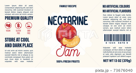Family recipe Nectarine jam label template. Abstract modern vector packaging design layout. Colorful banner with typography and hand drawn fruit. Isolated. Family recipe Nectarine jam label template. Abstract modern vector packaging design layout. Colorful banner with typography and hand drawn fruit. Isolated. 73676040