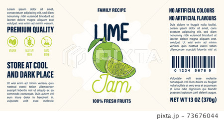 Family recipe Lime jam label template. Abstract modern vector packaging design layout. Colorful banner with typography and hand drawn fruit. Isolated. Family recipe Lime jam label template. Abstract modern vector packaging design layout. Colorful banner with typography and hand drawn fruit. Isolated. 73676044