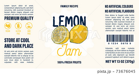 Family recipe Lemon jam label template. Abstract modern vector packaging design layout. Colorful banner with typography and hand drawn fruit. Isolated. 73676045