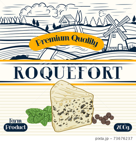 Farm Product Roquefort label template. Modern vector packaging design layout. Retro banner with typography and hand drawn cheese. Isolated. 73676237