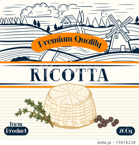 Farm Product Ricotta label template. Modern vector packaging design layout. Retro banner with typography and hand drawn cheese. Isolated Farm Product Ricotta label template. Modern vector packaging design layout. Retro banner with typography and hand drawn cheese. Isolated 73676238