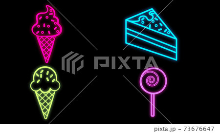 Set line Ice cream, in bowl, Lollipop and Donut. Glowing neon icon on brick wall. Vector Set line Ice cream, in bowl, Lollipop and Donut. Glowing neon icon on brick wall. Vector 73676647