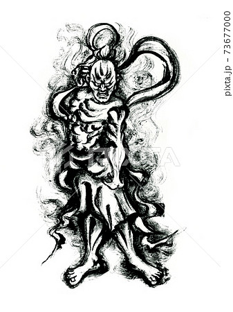 墨で描いた阿吽像、阿形。仏教、仏像関係にのイラスト素材 [73677000