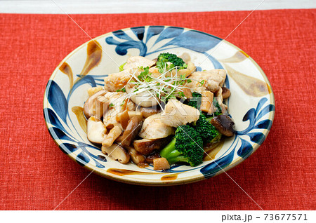 鶏むね肉、鶏ムネ肉とブロッコリーと椎茸の炒め物、市販のローストビーフソースを使って。 73677571